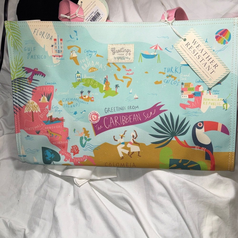 NWT - Spartina 449 Great Beach Tote W/Colorful Map design of The Caribbean.